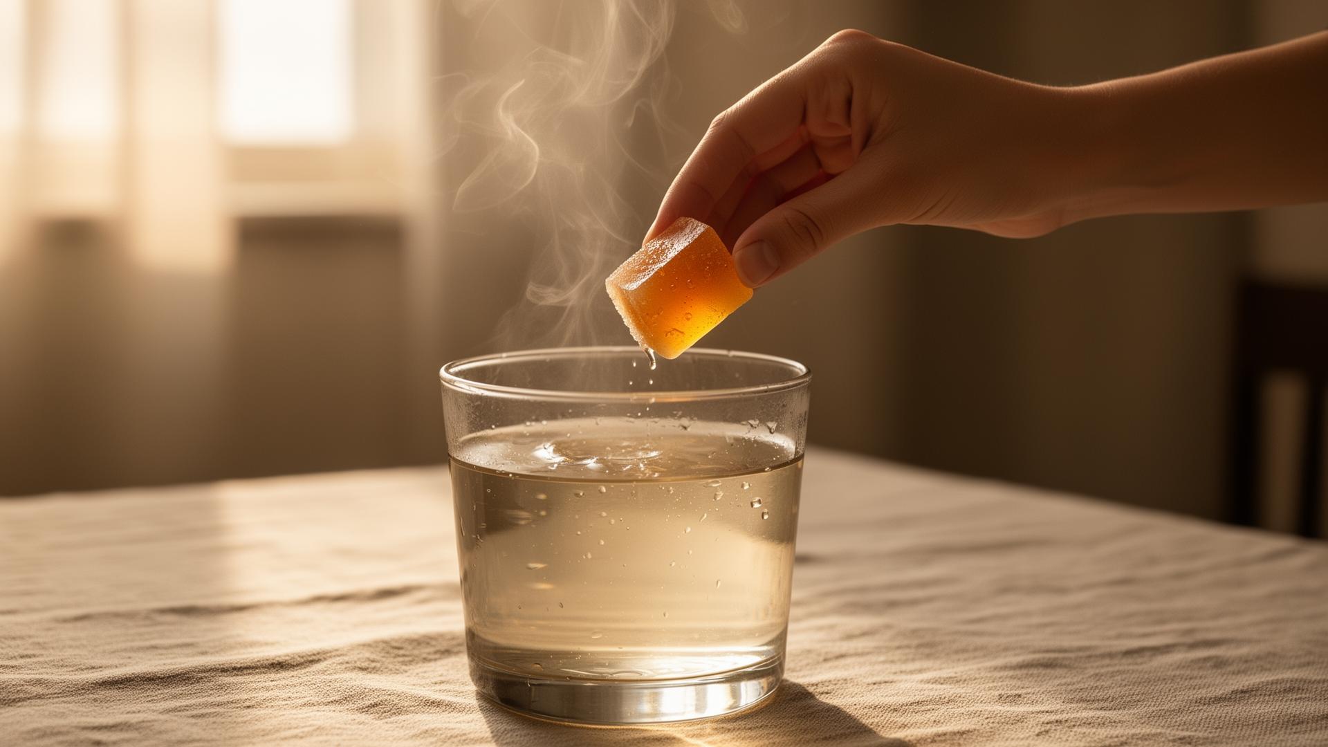 Cube wordt in een glas warm water gedropt